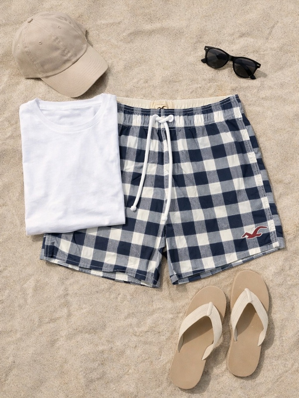 Hollister Navy & White Checkered Swim Trunks with Drawstring
